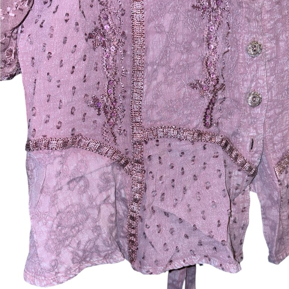 L’Pogee Vintage Mauve Lavender Button Embroidered Short Sleeve Blouse Whimsy - Picture 5 of 13